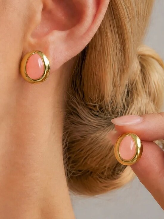 Jewelry - Gold Tone Pink Teardrop Statement Stud Earrings Modern Retro Jewelry